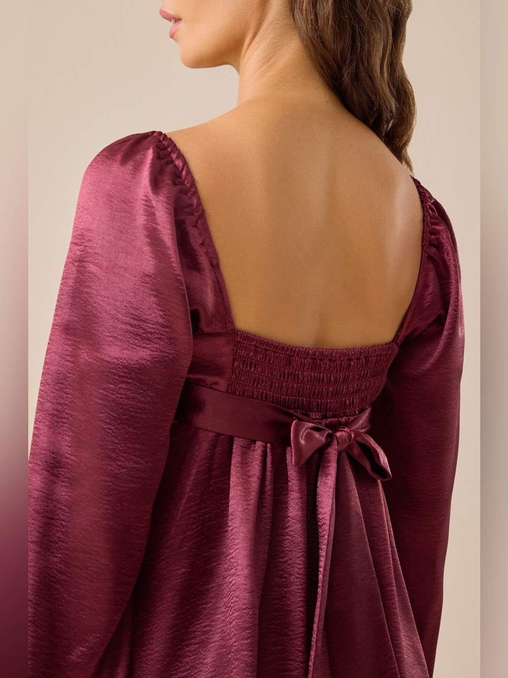 NWT New Alter’d State Burgundy Square Neck Mini Long Sleeve Dress Small S Bow